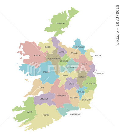 Vector map of Ireland with counties and administrative divisions. Editable and clearly labeled layers. 108378018