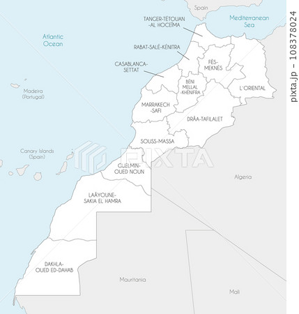 Vector map of Morocco with regions and administrative divisions, and neighbouring countries. Editable and clearly labeled layers. 108378024