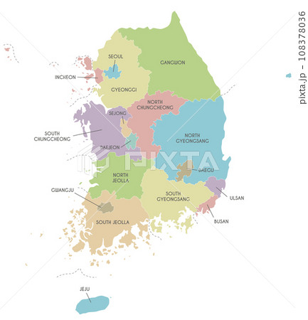 Vector map of South Korea with provinces, metropolitan cities and administrative divisions. Editable and clearly labeled layers. Vector map of South Korea with provinces, metropolitan cities and administrative divisions. Editable and clearly labeled layers. 108378036