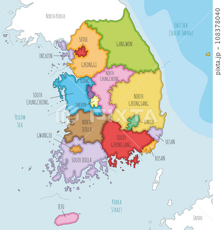 Vector illustrated map of South Korea with provinces, metropolitan cities and administrative divisions, and neighbouring countries. Editable and clearly labeled layers. 108378040