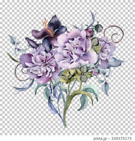 Watercolor purple pink bunch of peony flowers isolated on white. Gothic floral botanical bud Illustration hand drawn. Gothic Dark Wedding Decoration in vintage style. Element for invitation, backdrop 108378173