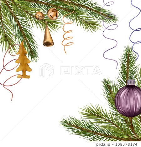 Frame of Christmas tree branches with ornaments, jingle bells digital illustration. Pine branches with wooden toy, serpentine isolated on white. Element for design Christmas package, card, invitation Frame of Christmas tree branches with ornaments, jingle bells digital illustration. Pine branches with wooden toy, serpentine isolated on white. Element for design Christmas package, card, invitation 108378174