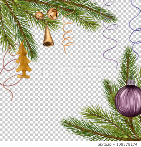 Frame of Christmas tree branches with ornaments, jingle bells digital illustration. Pine branches with wooden toy, serpentine isolated on white. Element for design Christmas package, card, invitation Frame of Christmas tree branches with ornaments, jingle bells digital illustration. Pine branches with wooden toy, serpentine isolated on white. Element for design Christmas package, card, invitation 108378174