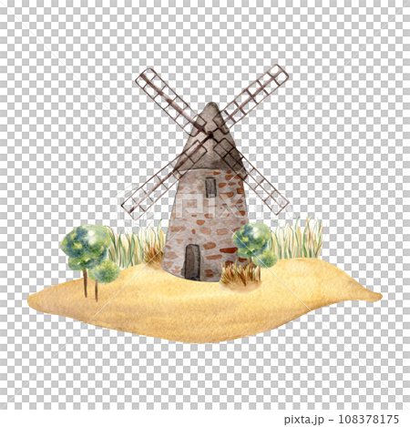 Windmill vintage watercolor illustration isolated on white background. Rural making bread mill hand drawn. Painted milling plant. Landscape for design package bread, flour, grocery store, bakery 108378175