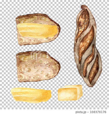 Rye baguette whole and slice watercolor illustration isolated on white background. Hand drawn slice of bread and butter set for bakery. Painted bread spread butter . Elements for poster, grocery 108378176