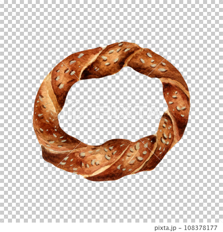 Fresh whole Turkish simit with sesame watercolor illustration isolated on white background. Hand drawn pastry food for bakery. Painted bagel. Element for design signage, cookbook, wrapping, packaging Fresh whole Turkish simit with sesame watercolor illustration isolated on white background. Hand drawn pastry food for bakery. Painted bagel. Element for design signage, cookbook, wrapping, packaging 108378177