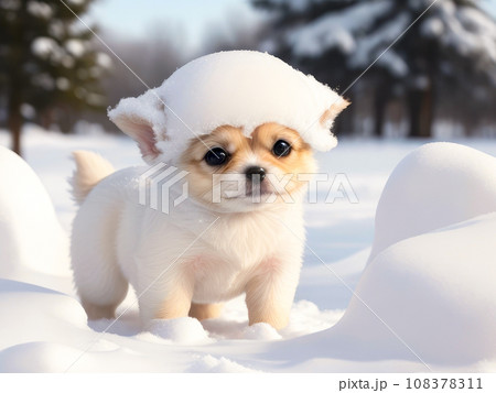 Little cute puppy in the snow. Chihuahua on a winter background. Generative AI 108378311