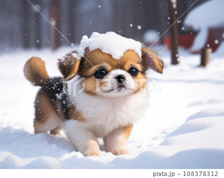 Little cute puppy in the snow. Winter background. Generative AI 108378312