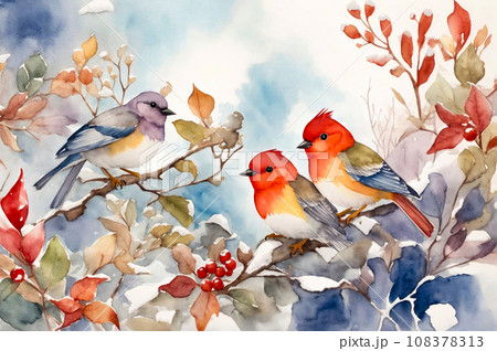 Birds on a rowan branch. Winter background. Generative AI 108378313