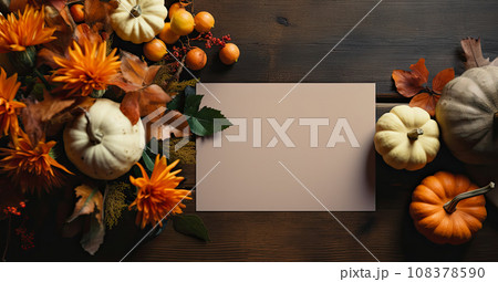 Thanksgiving invitation mockup with space for text on postcard, top view. Thanksgiving invitation mockup with space for text on postcard, top view. 108378590
