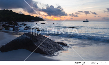 Coastal landscape of Anse Lazio on a sunset. Praslin, Seychelles Coastal landscape of Anse Lazio on a sunset. Praslin, Seychelles 108378607