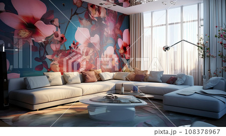 Design idea for a cozy living room in floral interior design. Idea for interior design 108378967