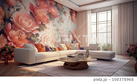 Design project of a cozy living room in floral organic design. Idea for interior design 108378968