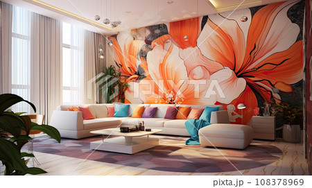 Design idea for a cozy living room in floral interior design. Idea for interior design Design idea for a cozy living room in floral interior design. Idea for interior design 108378969