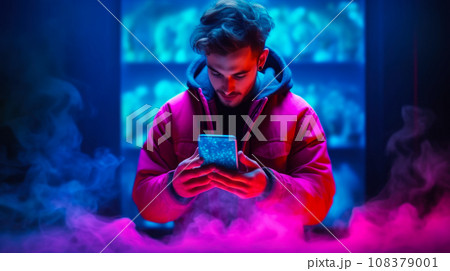Shopping ideas using smartphone on Cyber Monday, man shopping online, background idea 108379001