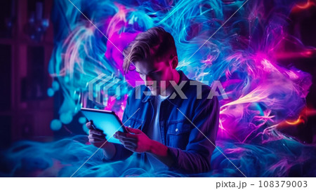 Shopping with a tablet on Cyber Monday, guy shopping online, background idea 108379003