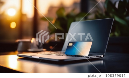 Open laptop and credit card, online shopping for holiday gifts on Cyber Monday, idea for web banner 108379015