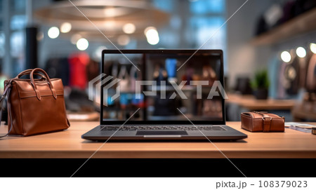 Laptop on table with open app on screen for cyber Monday online shopping, idea for web banner 108379023