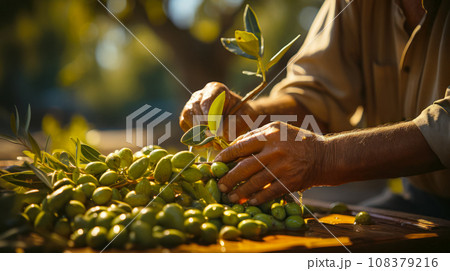 Farmer sorting fresh olives before preparing olive oil, close-up on hands, harvest 108379216