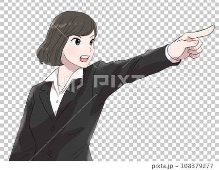 A woman in a suit pointing diagonally upwards A woman in a suit pointing diagonally upwards 108379277
