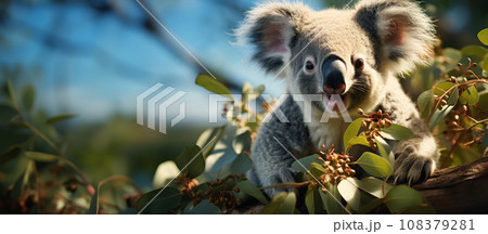 Idea for a banner about protecting wildlife Koala Bear on a eucalyptus branch 108379281