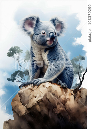 Watercolor drawing of a koala sitting on a rock ledge, screensaver idea, vertical frame 108379290