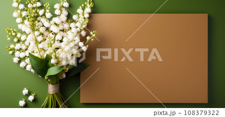 Mockup with bouquet of lilies of the valley and sheet of paper for text, top view, idea for postcard Mockup with bouquet of lilies of the valley and sheet of paper for text, top view, idea for postcard 108379322