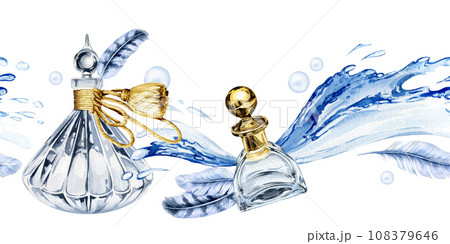 watercolor seamless border with vintage perfume glass bottle with the background of water and spray with feather, hand drawn illustration of transparent perfume flacon, isolated on white background 108379646