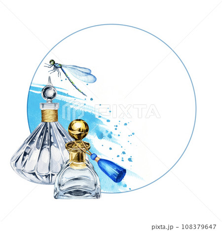 watercolor round frame with two vintage perfume glass bottle, background of water and spray, flying dragonflies, hand drawn illustration of transparent perfume flacon isolated on white background 108379647