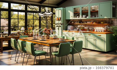 Kitchen interior in style of the 60s in soft green shades high quality illustration for the project Kitchen interior in style of the 60s in soft green shades high quality illustration for the project 108379781