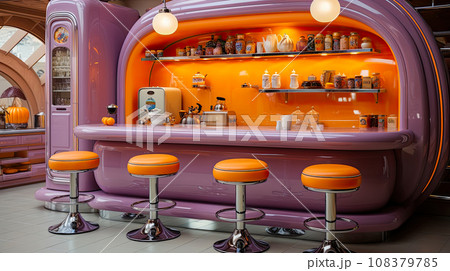 Interior of bar counter in orange and neon colors in kitchen in the style of the 60s, project design Interior of bar counter in orange and neon colors in kitchen in the style of the 60s, project design 108379785