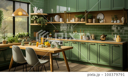 Kitchen project in style of 60s in retro design in interior of country house in soft green tones Kitchen project in style of 60s in retro design in interior of country house in soft green tones 108379791