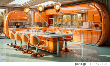 Retro design in orange colors in interior of a kitchen in style of the 60s, country house project Retro design in orange colors in interior of a kitchen in style of the 60s, country house project 108379796