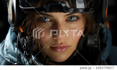 Close-up portrait of a skier, idea for a banner or poster for a store 108379927
