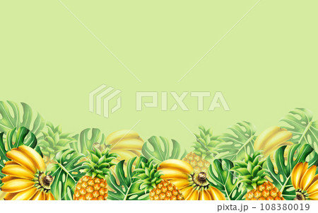 Watercolor tropical frame with a bunch of bananas, pineapples and monstera leaves. Ripe fruits banner isolated on white background For designers, spa decoration, postcards, wedding, greetings, 108380019