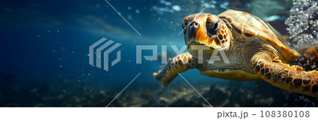 Close-up of a sea turtle underwater with free space for text. Invitation to diving in open sea and observing marine animals in the sea, a banner about caring for and protecting the ecology of the sea 108380108