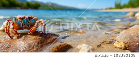 Web banner with a crab on a rocky beach of a warm sea with free space for advertising. Invitation to popular holiday destinations and blue flag beaches, conscious travel to popular places 108380109