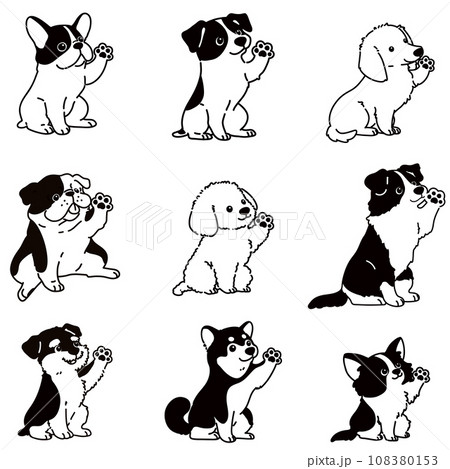 お手をする色々な犬の手描きのイラストセット 主線のみ白抜き お手をする色々な犬の手描きのイラストセット 主線のみ白抜き 108380153