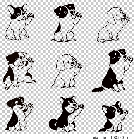 お手をする色々な犬の手描きのイラストセット 主線のみ白抜き お手をする色々な犬の手描きのイラストセット 主線のみ白抜き 108380153