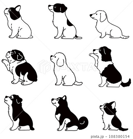 色々な犬のお座りイラストセット 横向き 主線のみ白抜きの
