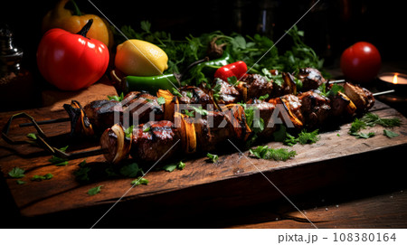 Close-up on freshly prepared kebabs on a wooden tray, dinner time. An idea for advertising a restaurant or designing a website with a menu and dishes. Takeaway food delivery advertisement Close-up on freshly prepared kebabs on a wooden tray, dinner time. An idea for advertising a restaurant or designing a website with a menu and dishes. Takeaway food delivery advertisement 108380164