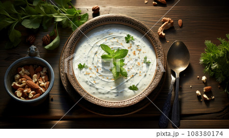 Yogurt traditional soup decorated with mint leaf, thick and fatty soup of Turkish cuisine on a wooden table in a cafe. Idea for an advertisement or article about traditional oriental dishes 108380174