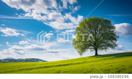 Landscape of a green spring meadow with a large tree with a green crown, a beautiful blue sky with clouds, space for your text. Composition of the natural landscape, solitude and loneliness of life 108380298