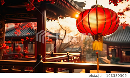 Red lantern on the background of the courtyard in the rays of the rising sun, Chinese New Year celebration, free space for wishes of happiness and good luck, New Year card concept 108380306