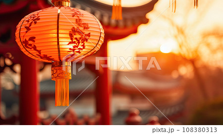 Red lantern on the pagoda decoration of the city and buildings for the celebration of Chinese New Year, wishing happiness and good luck, concept for Chinese New Year card or invitation to holiday 108380313