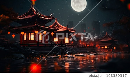 Pagodas standing over a river decorated with red lanterns and a full moon in the night sky celebrating Chinese New Year, wishing happiness and good luck, concept for New Year's card 108380317