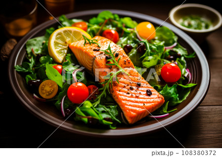 Close-up on a dish with salmon fillet and fresh vegetables from local market, green salad with tomatoes, olives and herbs on wooden table, healthy eating in the Mediterranean diet, perfect combination 108380372