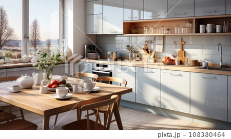 Kitchen interior details in a minimalist design with simple and clean lines, the use of natural materials in the design of the apartment. Apartment project after renovation of the house 108380464