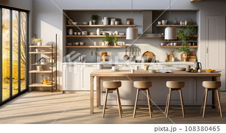 Minimalistic and functional kitchen design with island and bar stools, the project is made of natural materials in light colors with open spaces and simple clean lines in the interior 108380465
