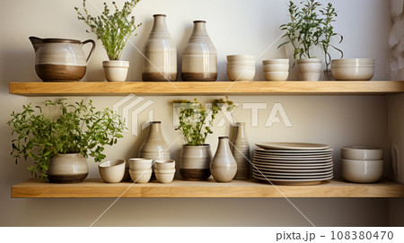 Clay dishes on an open shelf in the interior of an apartment, details of the design of a kitchen space with natural materials and natural lighting, the use of plants in the interior 108380470